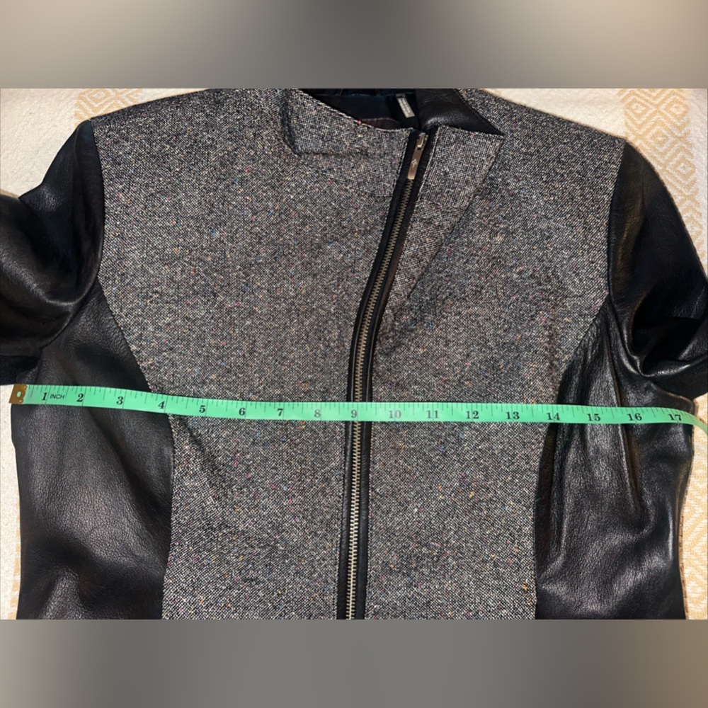 Cole Haan Sz 10 Gray Black Lambskin Leather Wool Blend Tweed Full Zip Jacket - Picture 12 of 14